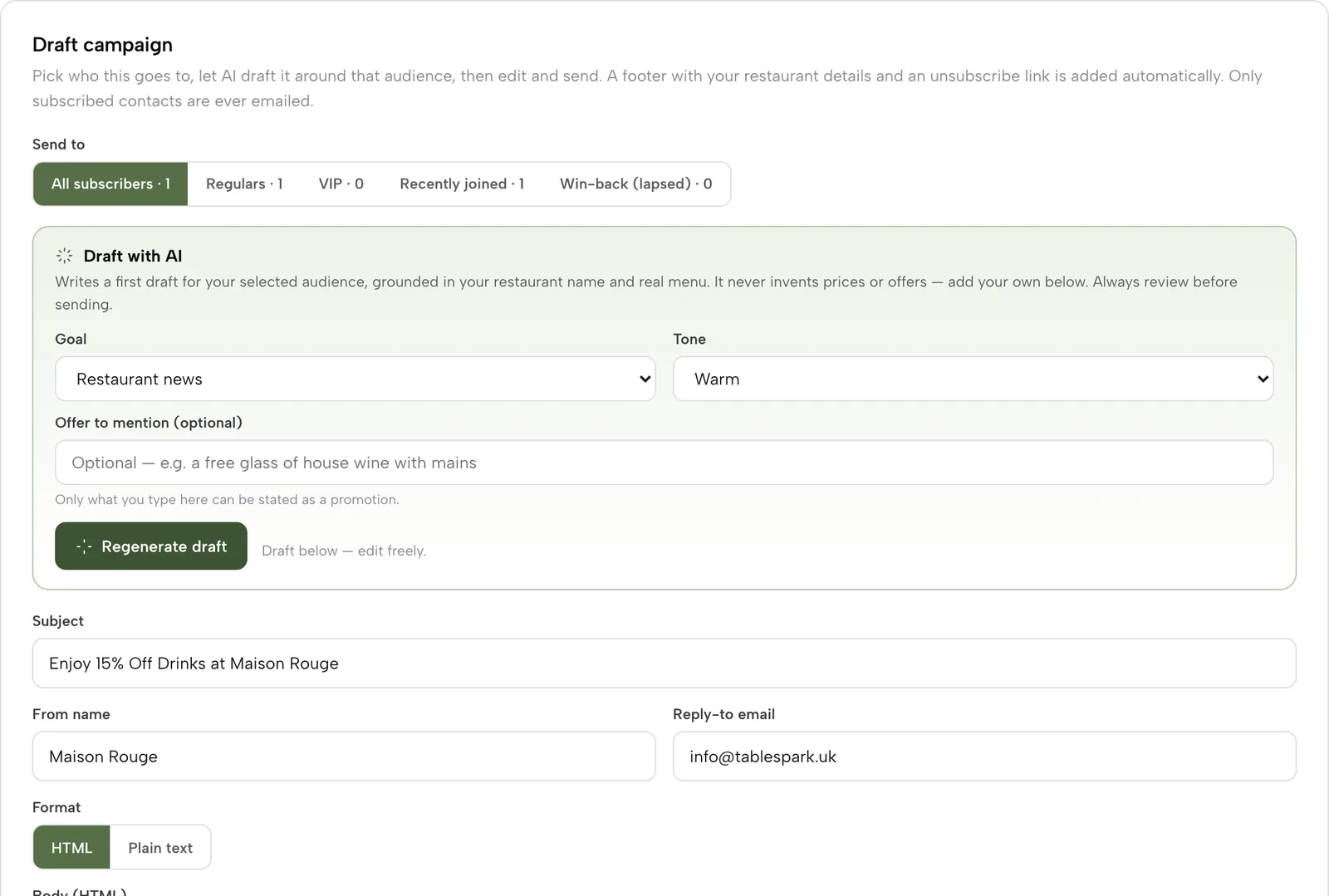 The Draft campaign screen: audience segment pills, the Draft with AI panel with goal and tone, subject, from name and the HTML body beside its preview