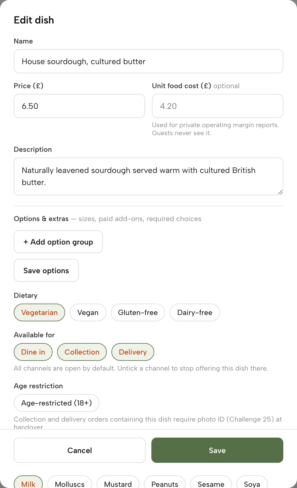 The dish editor: name, price, unit food cost, description, option groups, dietary chips, channel availability and allergen chips