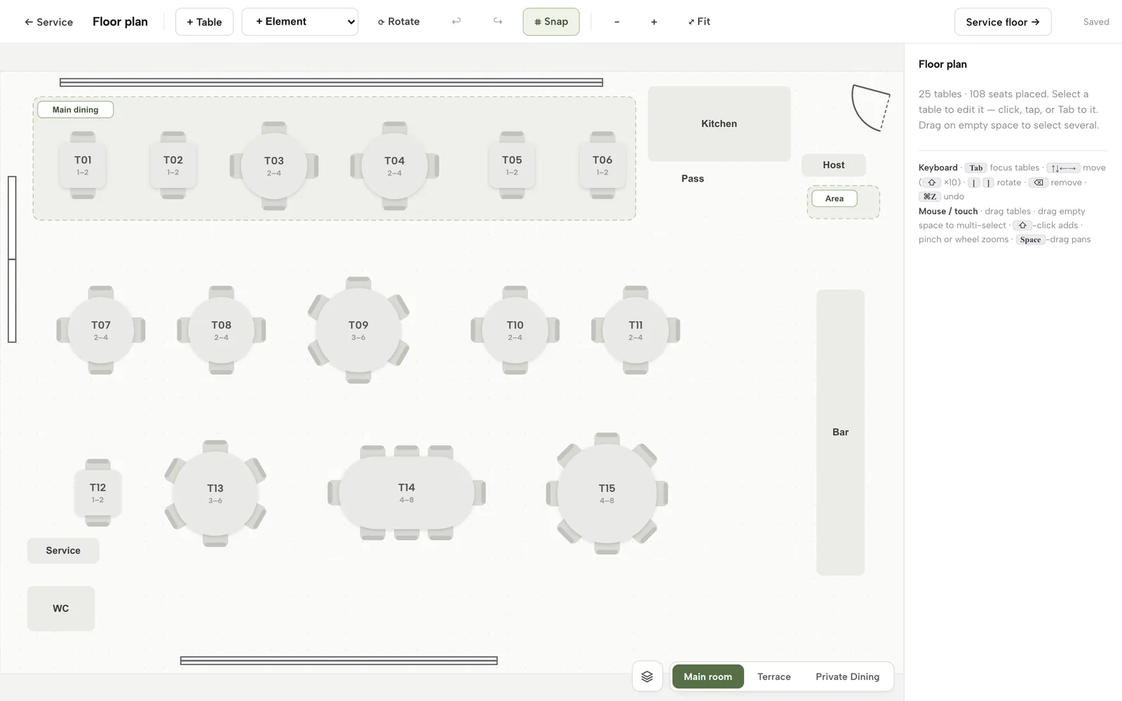 The floor plan editor with a main dining room, kitchen, pass, bar and terrace on the canvas and the inspector on the right
