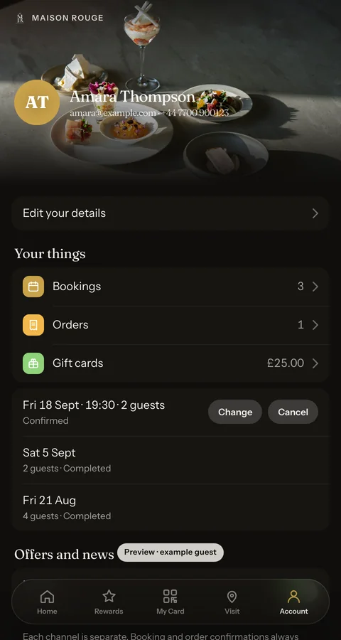 The Guest App Account tab listing the upcoming booking and two past visits