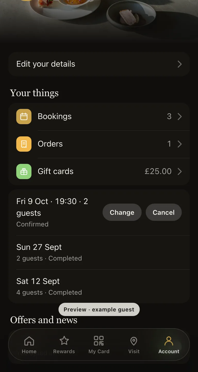 The Guest App Account tab listing the upcoming booking and two past visits