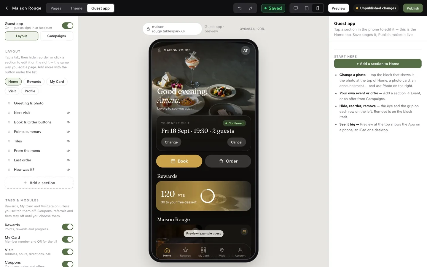 The Builder's Guest app tab: the Guest app switch, Layout and Campaigns segments, the section outline on the left, a live phone preview in the middle and the inspector on the right
