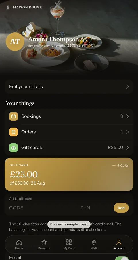 The Guest App Account tab with the Gift cards panel open, showing a card balance and its code