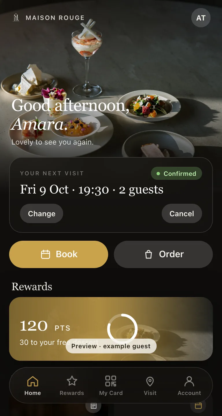 The Guest App Home tab: a greeting, the guest’s next visit with Change and Cancel, Book and Order buttons and points progress