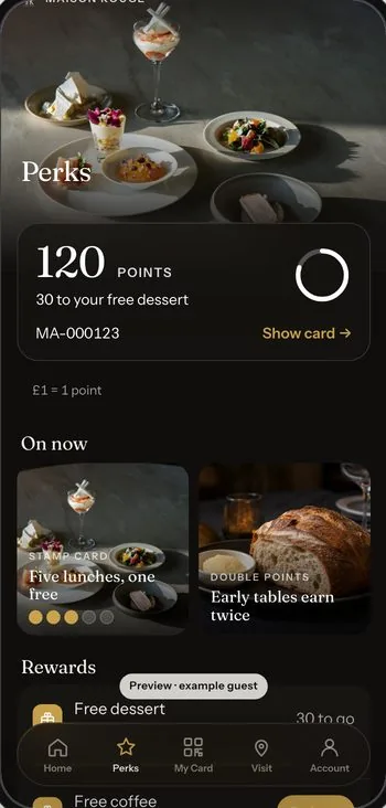 The Guest App Rewards tab: 120 points with a progress ring, the member card number, two live campaigns and the rewards list