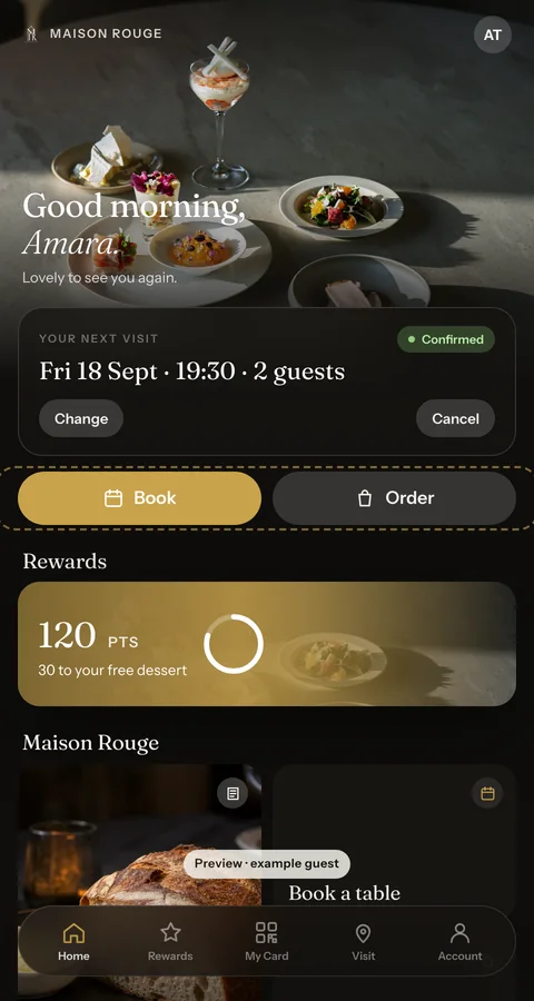The Guest App Home tab on a phone: a greeting, the guest’s next visit with Change and Cancel, points progress and Book and Order buttons