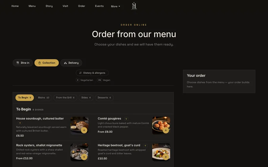 The direct Order page on a restaurant’s own site in Collection mode