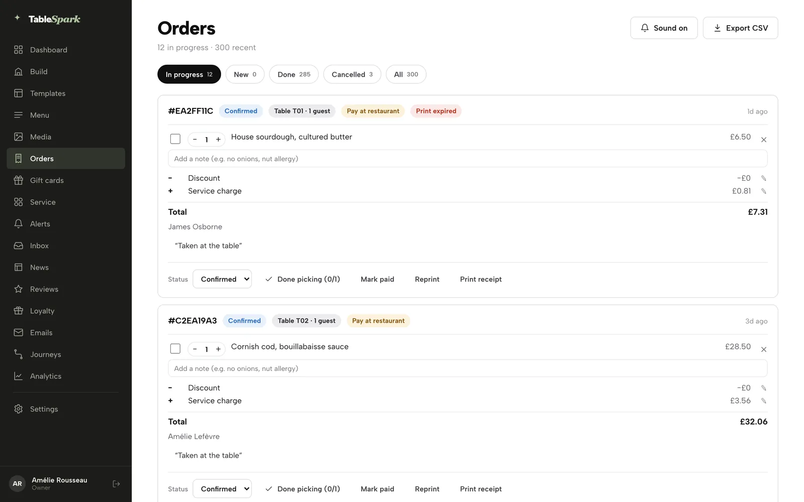 The Orders screen: twelve orders in progress, filter tabs and order cards with Confirmed status, table and guest count and line items