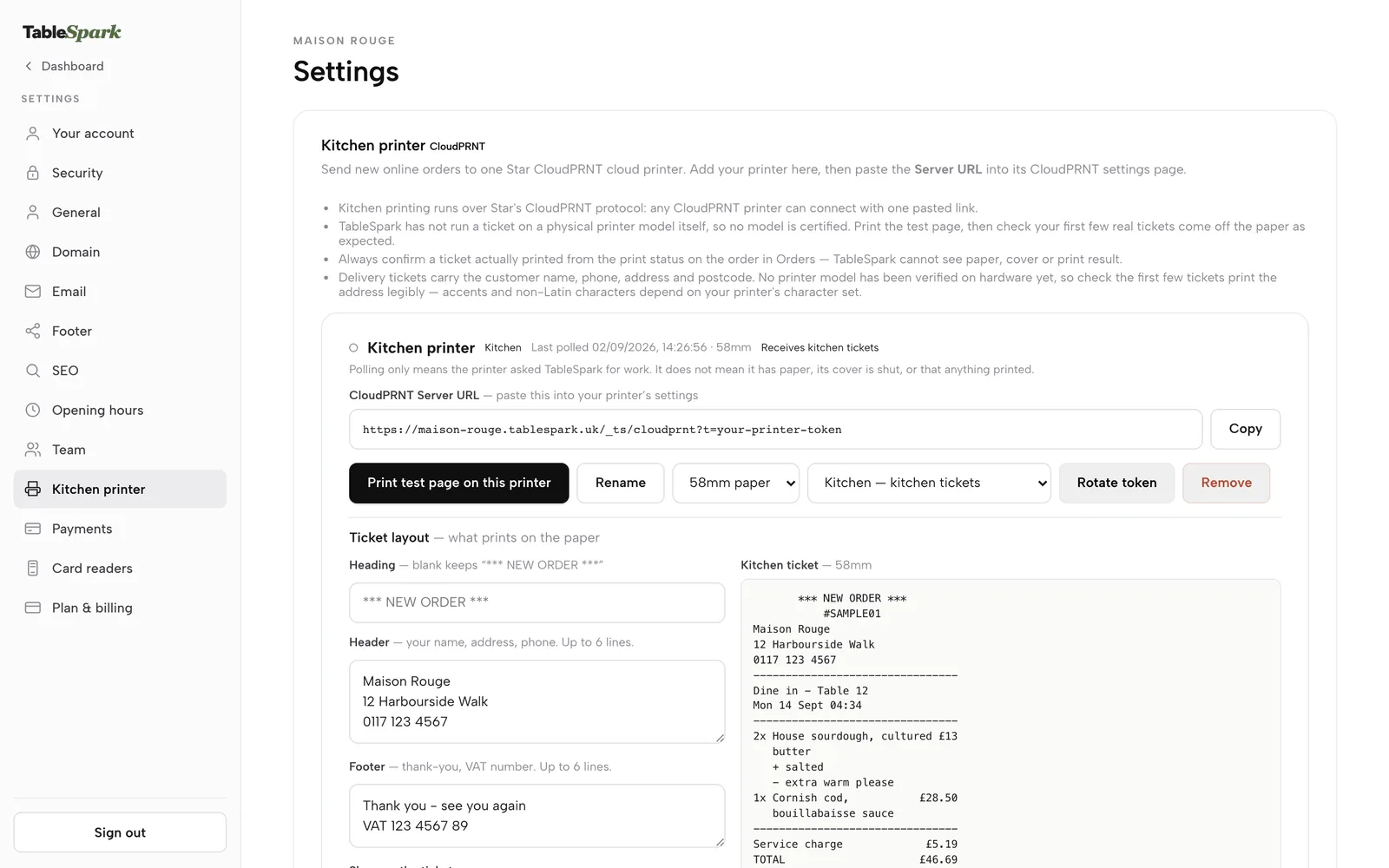 Settings with the Kitchen printer selected: server URL, test print, paper width, role and the editable ticket layout beside a sample ticket