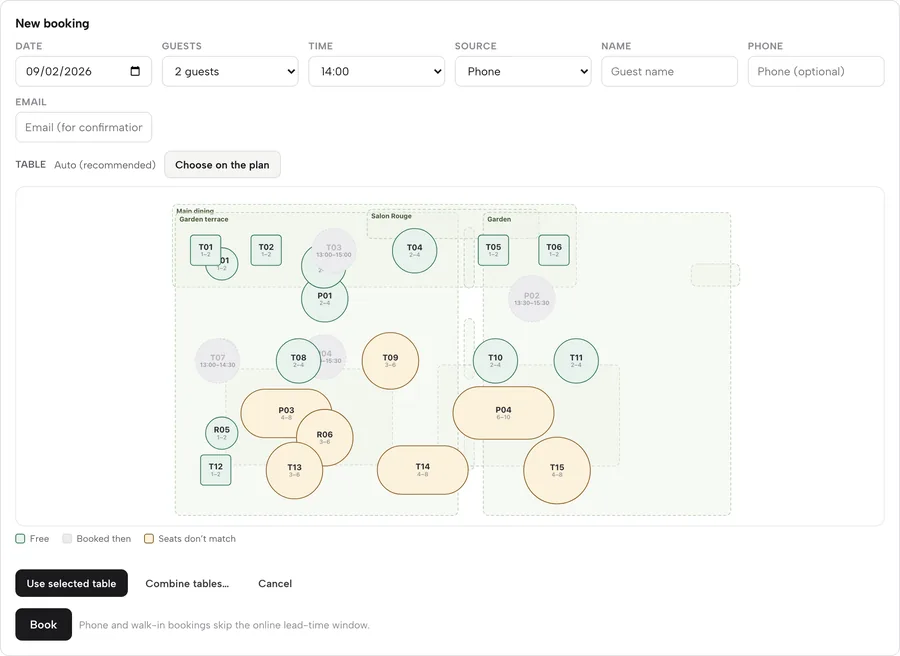 The New booking form with its mini floor-plan table picker