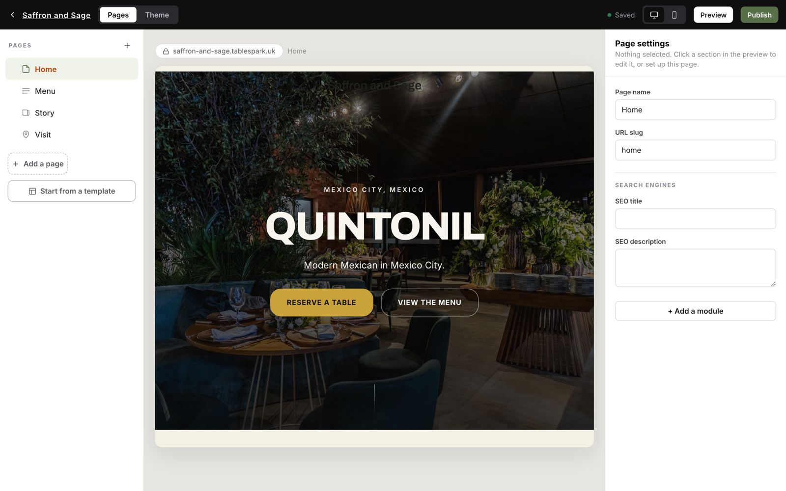 The TableSpark builder: your pages, a live preview of your site, and settings — all in one editor