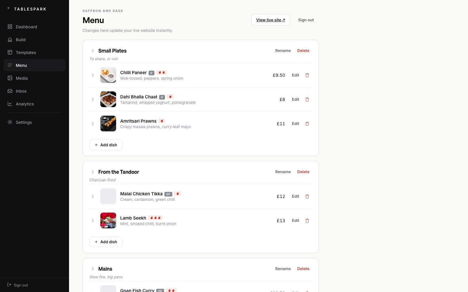 A TableSpark menu filled in from a photo: dishes, prices, dietary and spice tags ready to review
