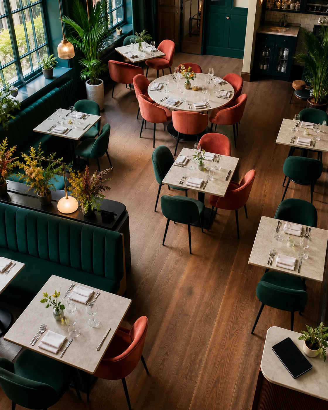 A booking confirmation on a phone, propped on a laid table