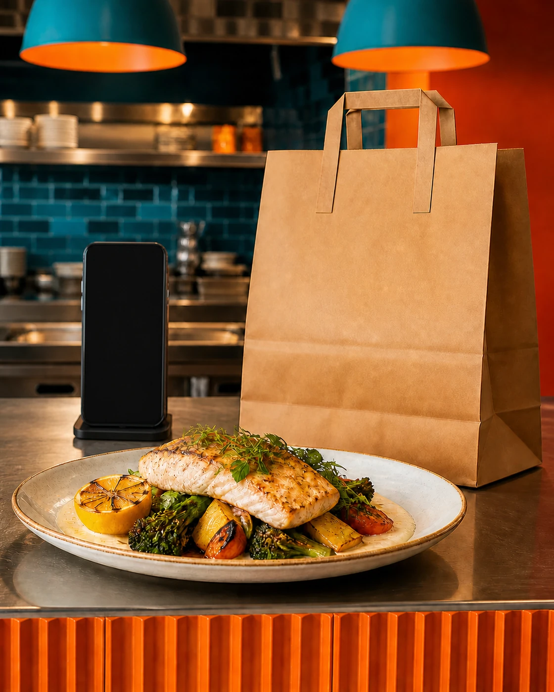 A plated dish, a takeaway bag and a phone on the pass