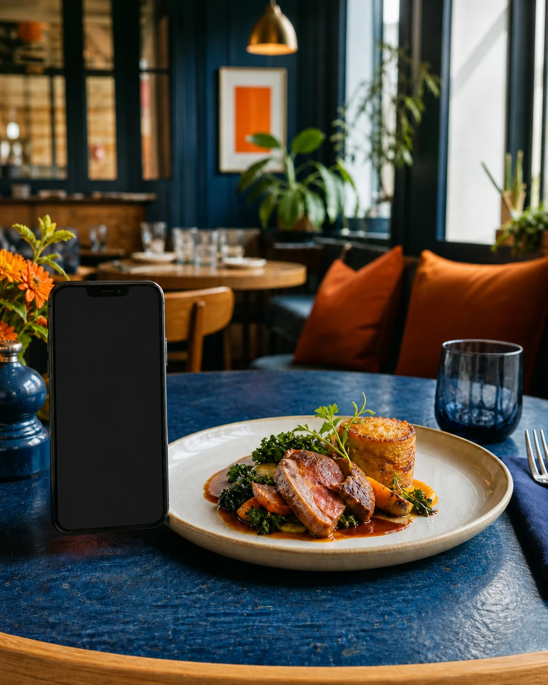 A phone on a restaurant counter beside the evening’s plates