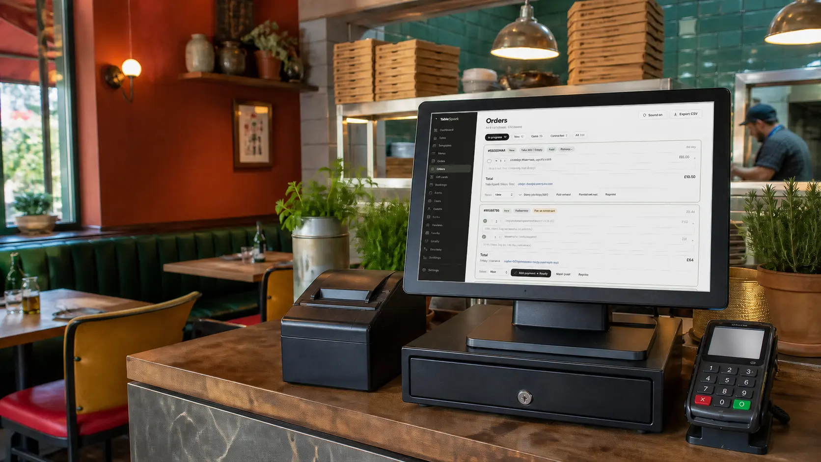 A TableSpark Orders screen running on the till of a busy neighbourhood restaurant