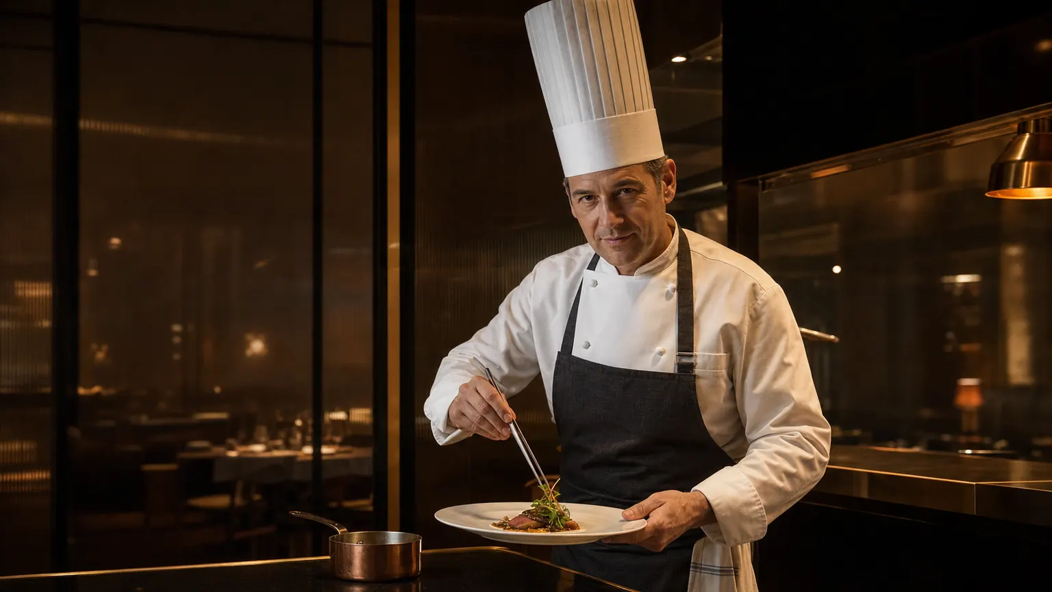 A chef plating at the pass