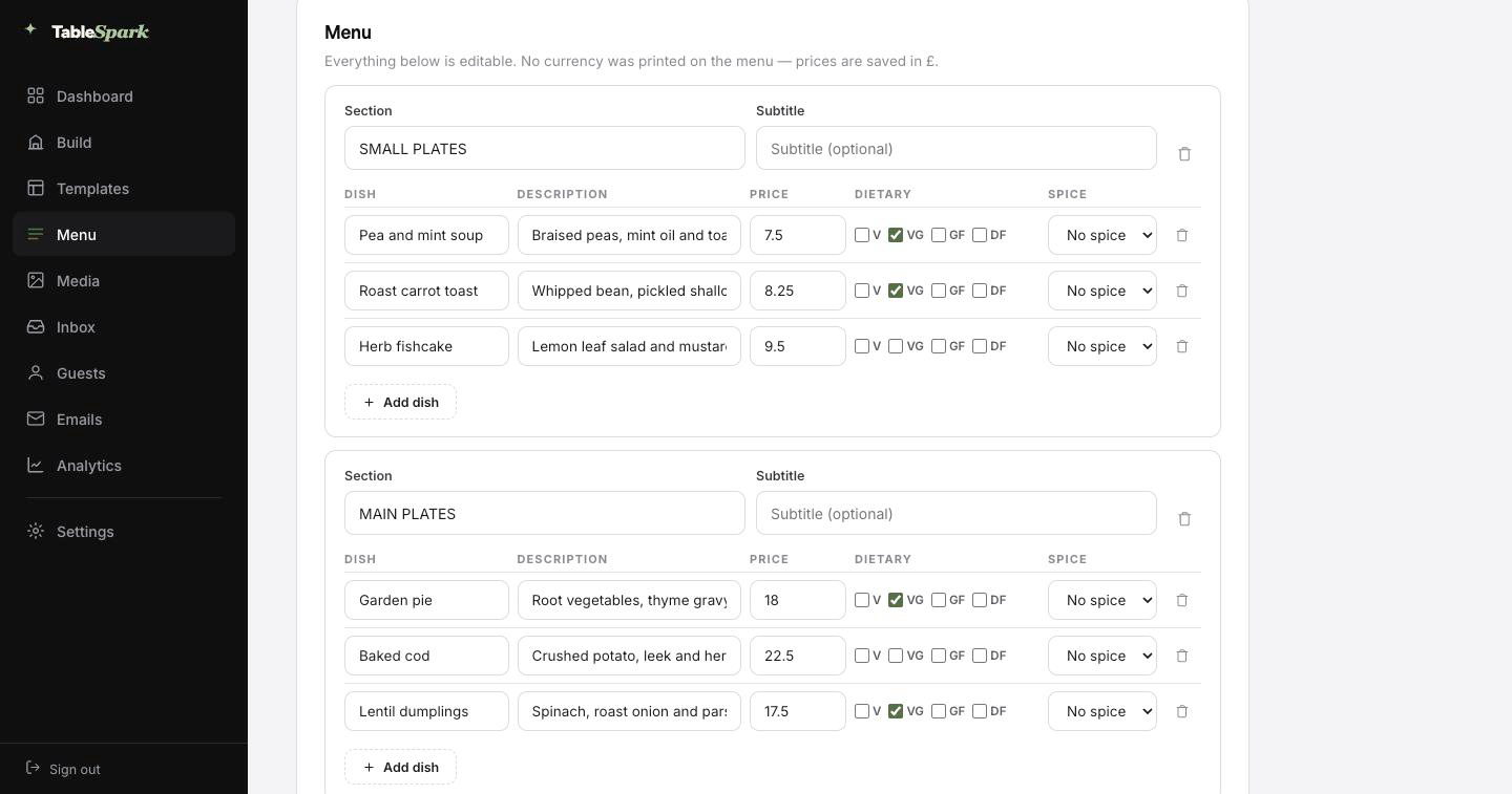 Extracted menu content in a real TableSpark menu scan review, with editable section names, dish names, descriptions, prices, dietary tick boxes and spice selectors