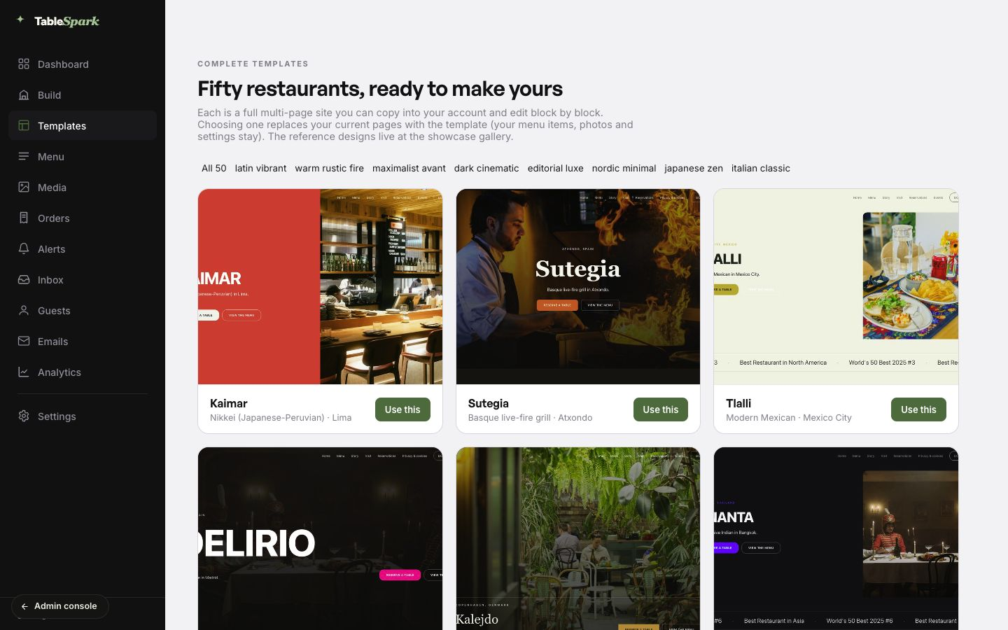 The TableSpark Templates screen for the Saffron and Sage demo restaurant, headed "Fifty restaurants, ready to make yours", with design-world filters and template cards for Kaimar, Sutegia and Tlalli, each with a Use this button
