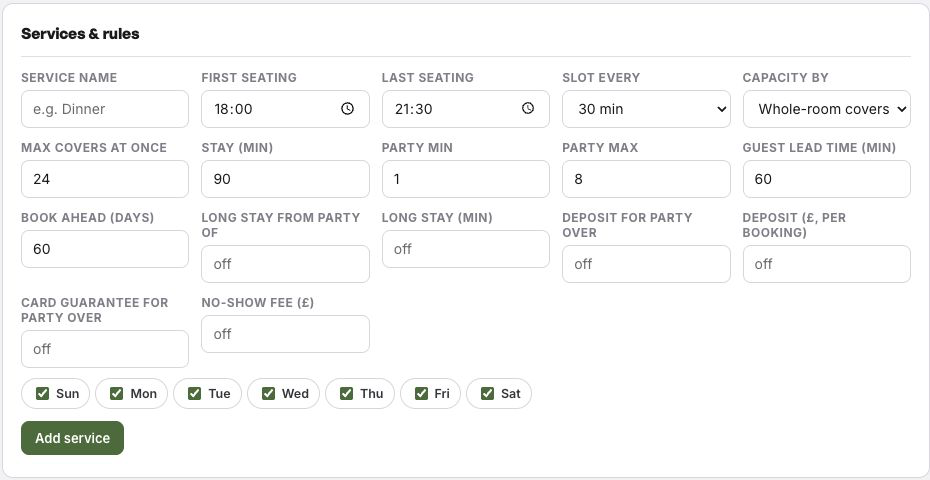 The real TableSpark Services and rules workspace showing service times, capacity, stay length, party limits, booking lead time, deposit, card guarantee and no-show controls