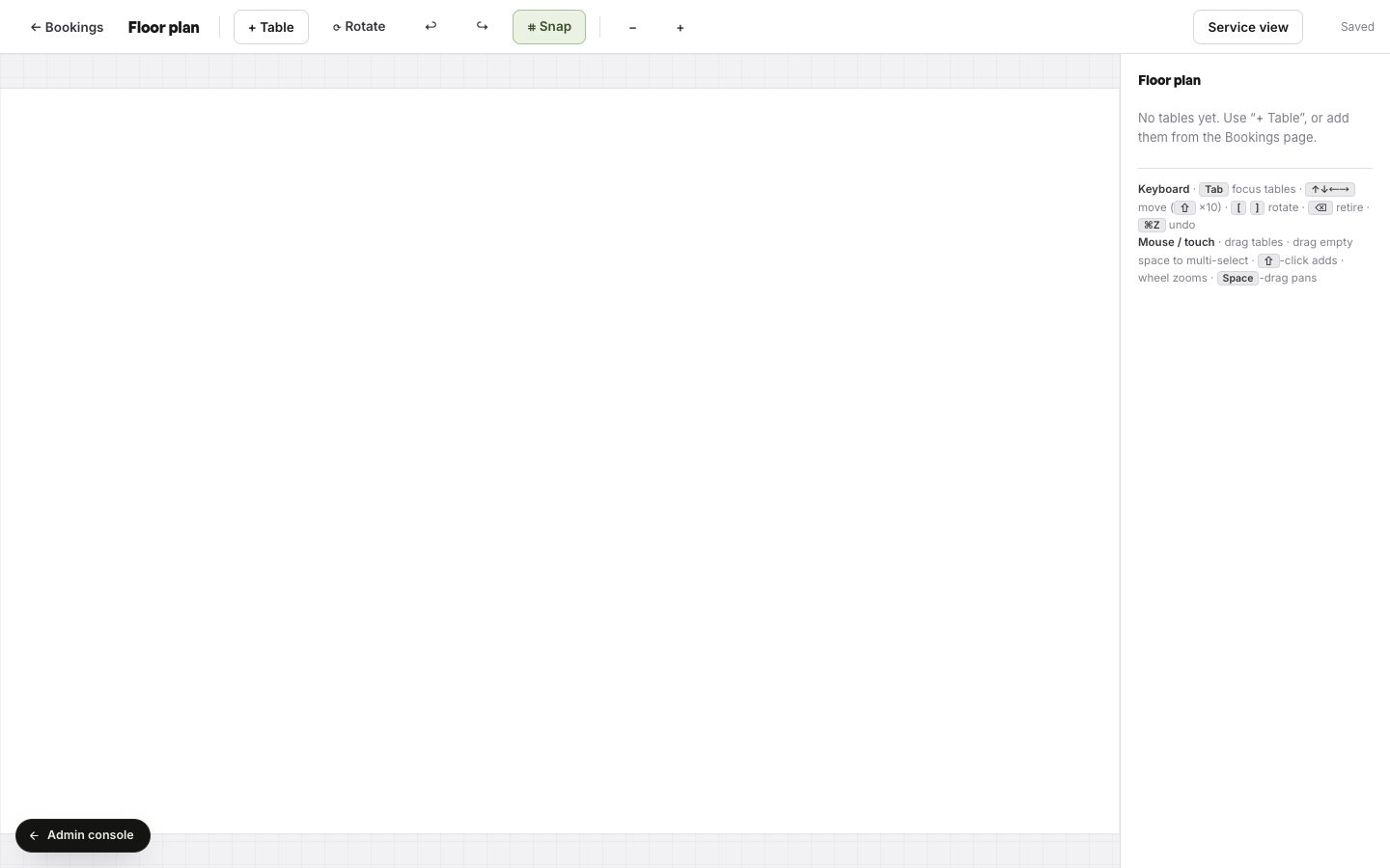The real TableSpark floor-plan editor showing Add Table, Rotate, Snap, undo, redo, zoom and Service view controls around a privacy-safe demonstration canvas