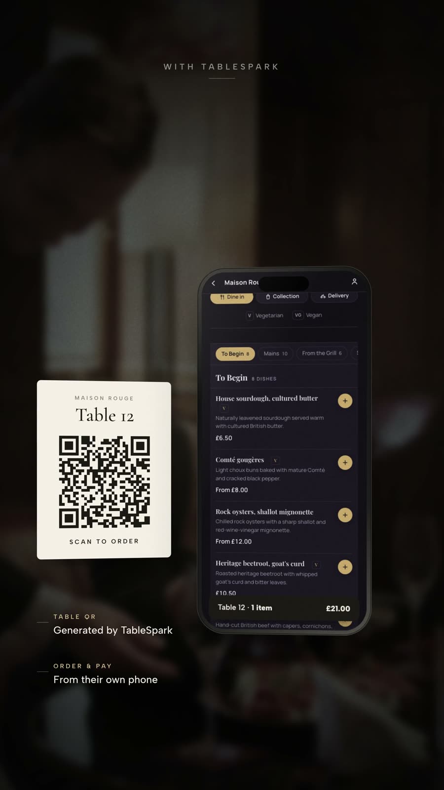 A frame from TableSpark's film: a Table 12 scan to order card with a TableSpark-generated QR code beside a phone on the ordering page with a basket bar reading Table 12