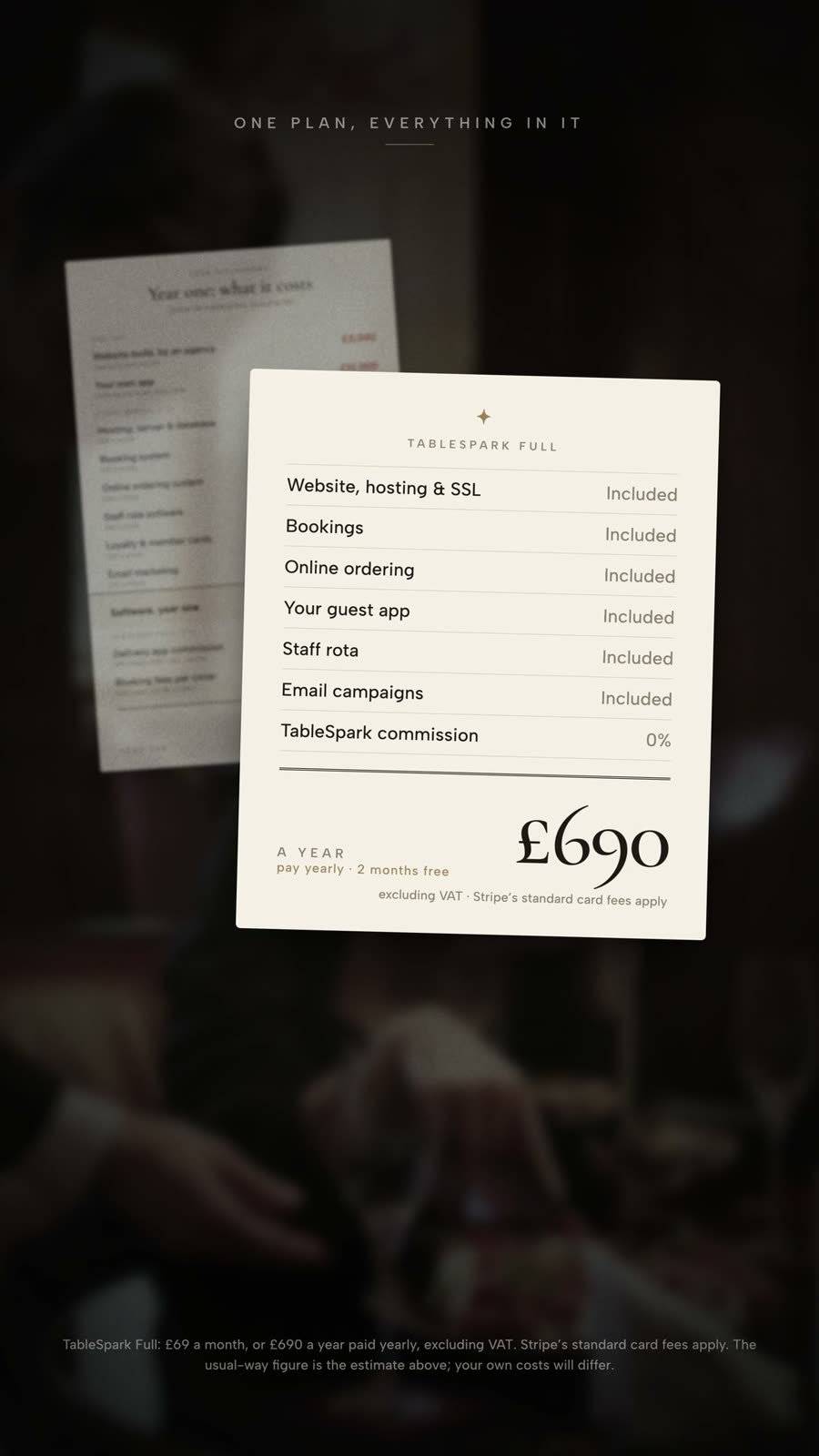 A frame from TableSpark's film: a short ivory TableSpark Full bill listing website, hosting and SSL, bookings, online ordering, guest app, staff rota and email campaigns as included, TableSpark commission 0 percent, £690 a year paid yearly excluding VAT