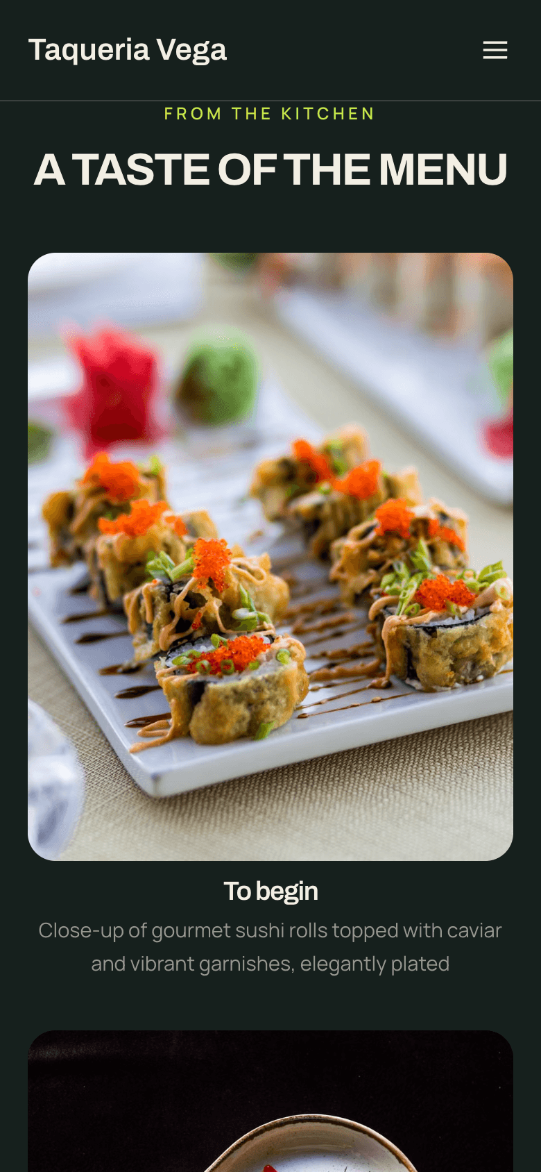 A real TableSpark demonstration menu shown at a 390 by 844 CSS pixel mobile viewport with readable dish names, descriptions and prices