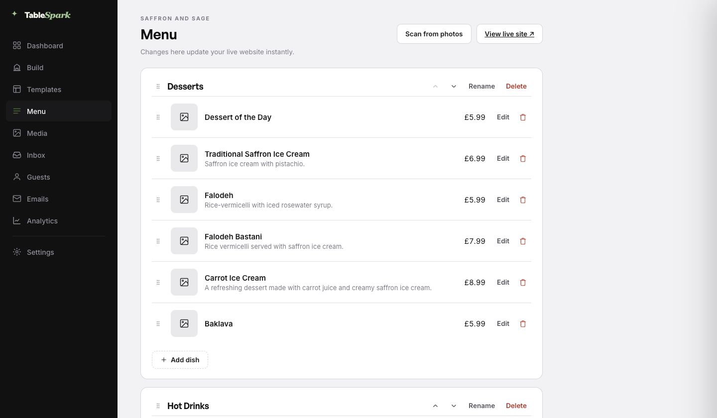 The TableSpark menu editor in the Saffron and Sage demonstration restaurant account, showing a Desserts section with six dishes, descriptions, prices, reorder handles, edit and delete controls, and the Scan from photos and View live site actions