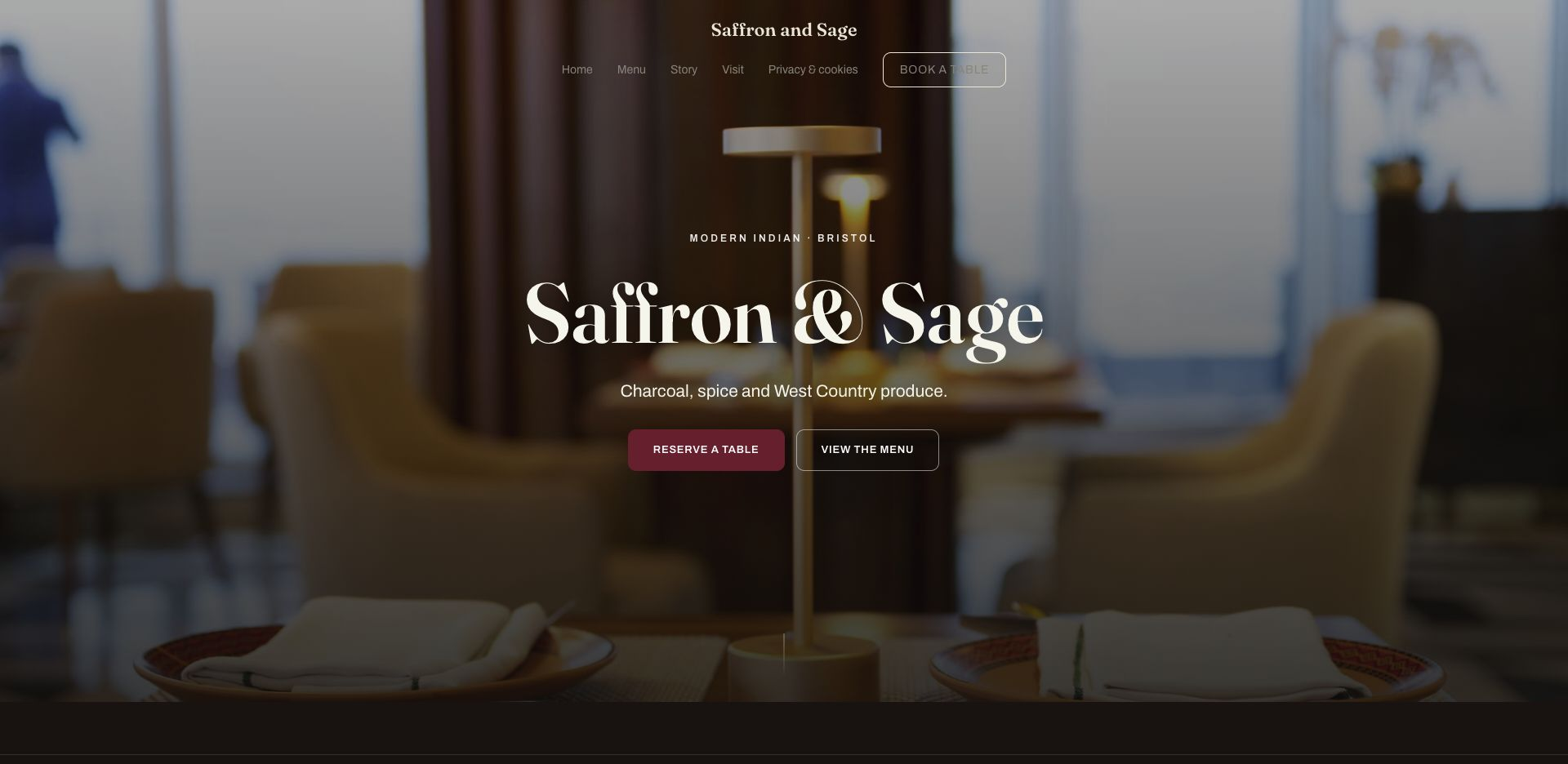 The published Saffron and Sage TableSpark demonstration restaurant homepage with Home, Menu, Story, Visit and Privacy and cookies navigation plus Reserve a table and View the menu actions