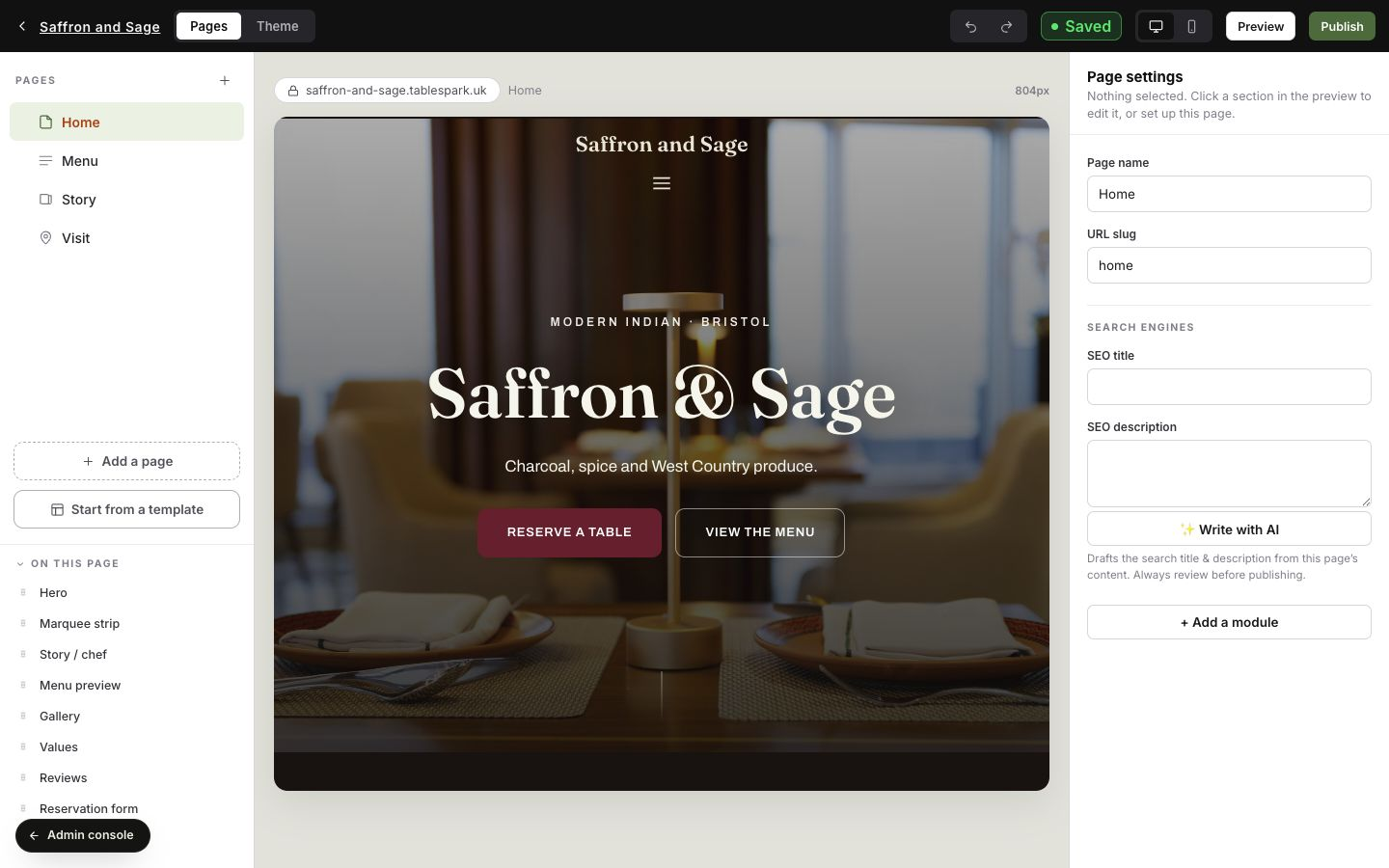 TableSpark builder for a demonstration restaurant showing Pages, a live canvas and Page settings with URL slug, SEO title and SEO description fields