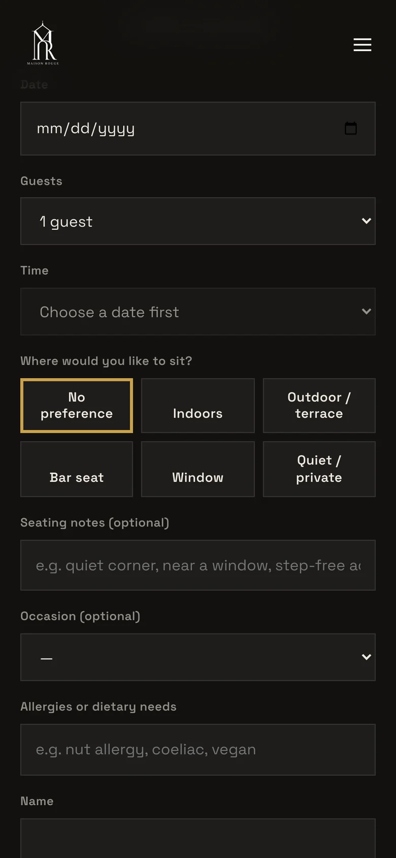 The booking form on the restaurant's own site on a phone: date, guests, time, seating preference and allergies