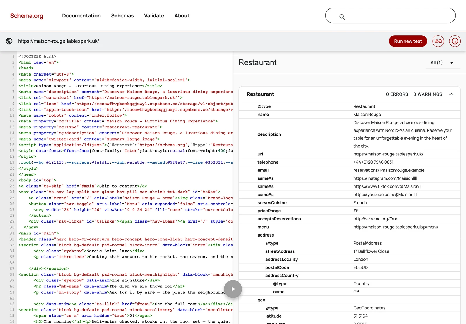 The Schema.org validator reading the Maison Rouge homepage as a Restaurant with 0 errors and 0 warnings, listing name, telephone, cuisine, price range, reservations, menu and address