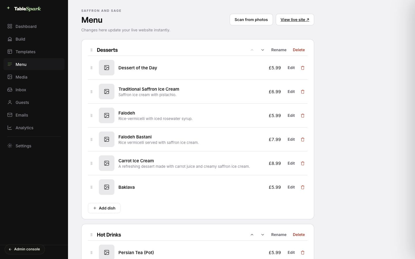 The TableSpark menu editor for the Saffron and Sage demo restaurant, showing a Desserts section with six dishes, descriptions, prices, reorder handles, edit and delete controls, and the Scan from photos and View live site actions