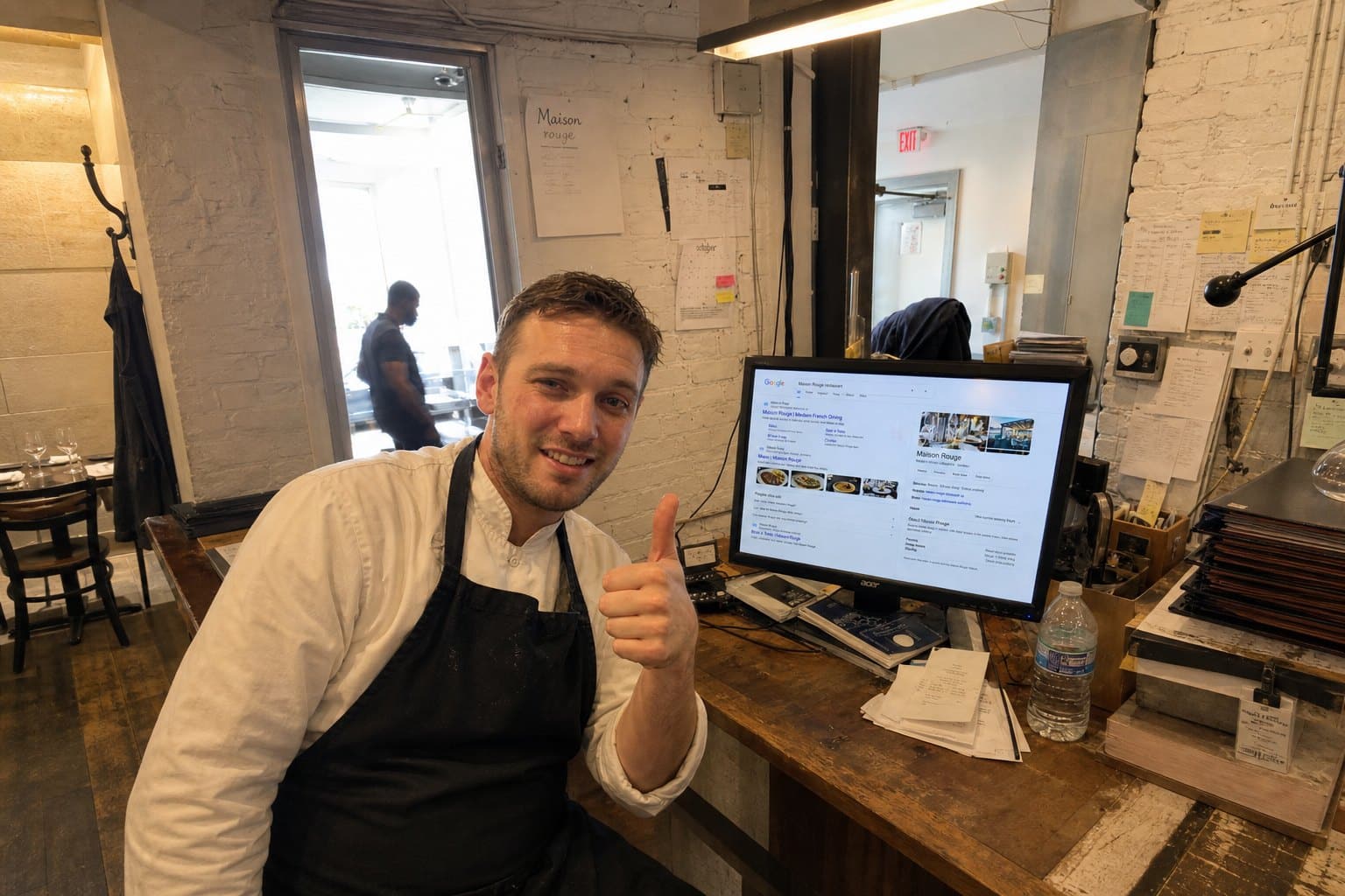 A chef giving a thumbs up beside a monitor showing his restaurant in Google search results