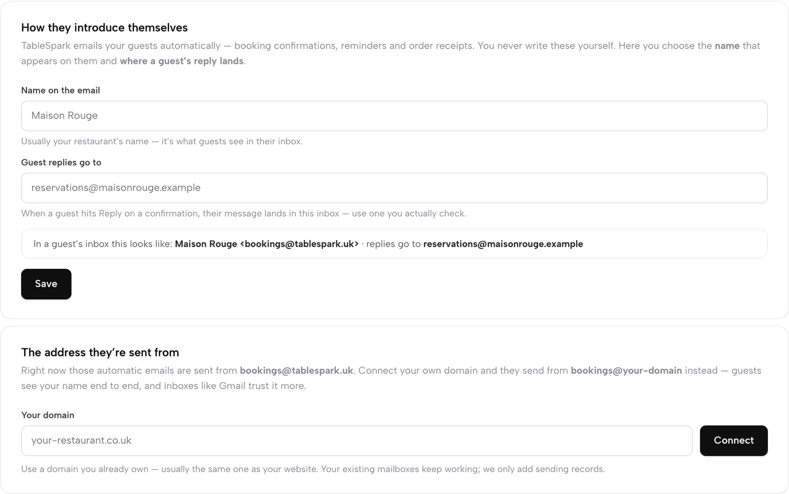 How they introduce themselves with Name on the email and Guest replies go to fields, and below it The address they're sent from with a Your domain field and Connect button.