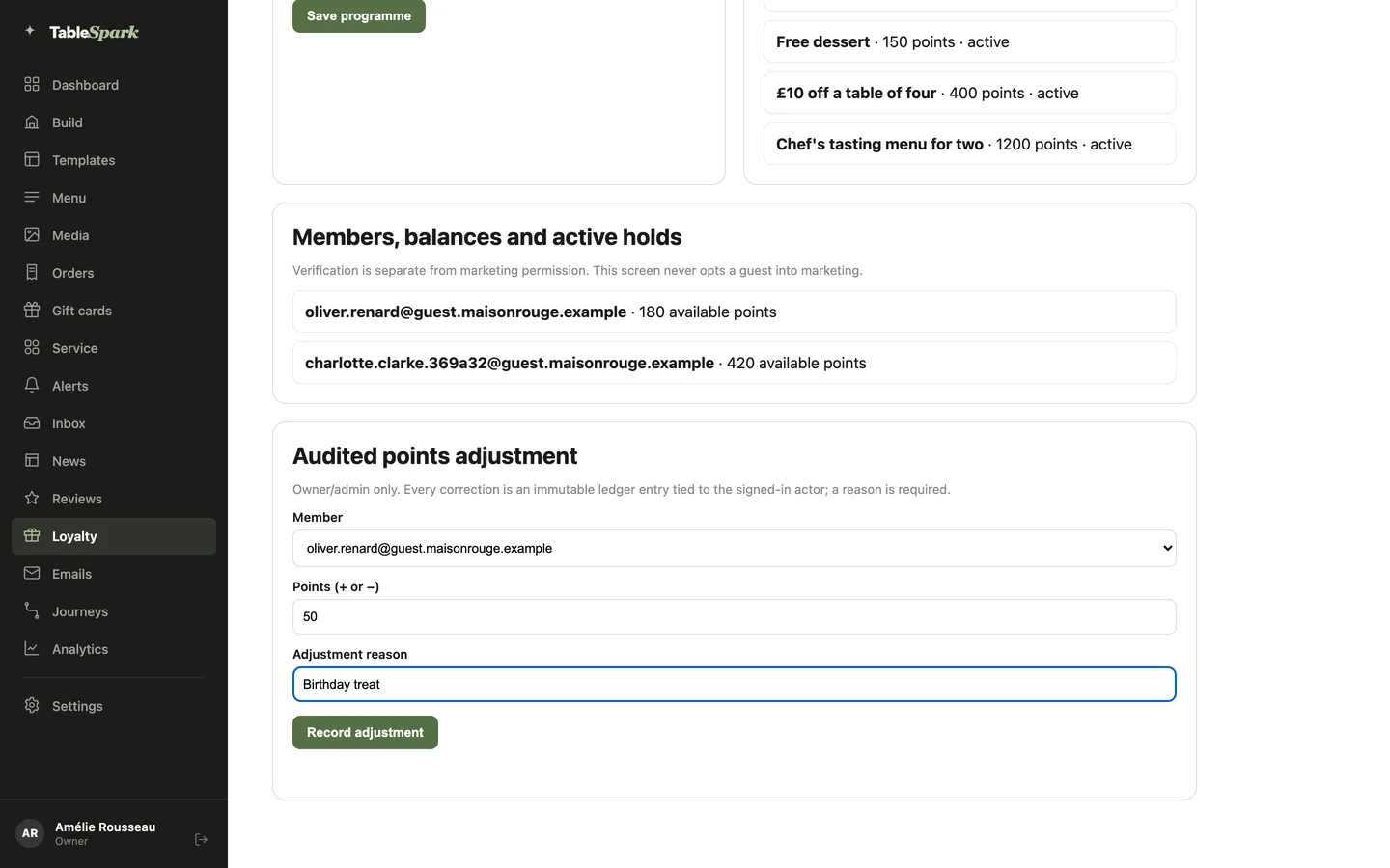 Loyalty page lower half: members with available points, and the Audited points adjustment form filled in with Birthday treat