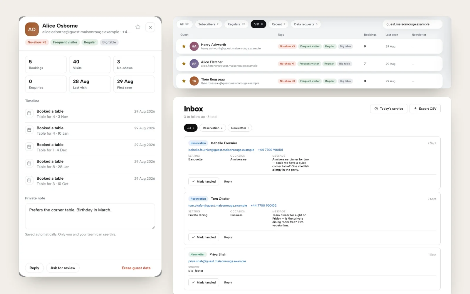 One guest record with bookings, visits, a timeline and a private note, beside the VIP guest list with tags and bookings, and the Inbox with new enquiries