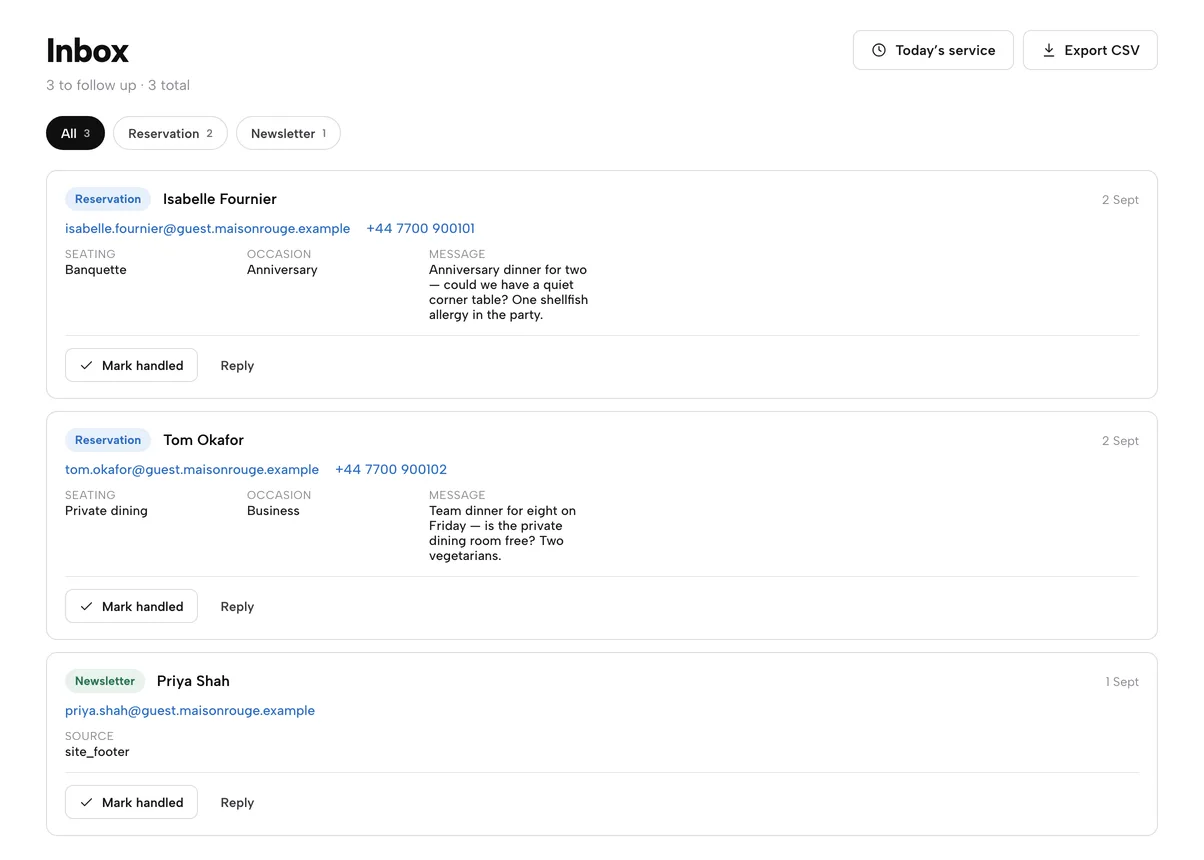 The Inbox: two reservation enquiries and a newsletter sign-up, each with Mark handled and Reply