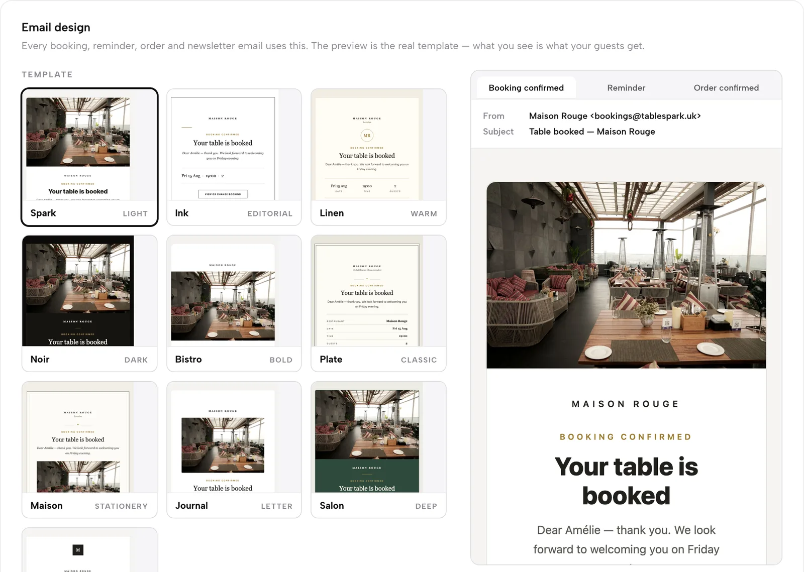 Email design: a gallery of ten templates, accent colour swatches, header and corner options, and a live preview of a Booking confirmed email with the restaurant's cover photo.