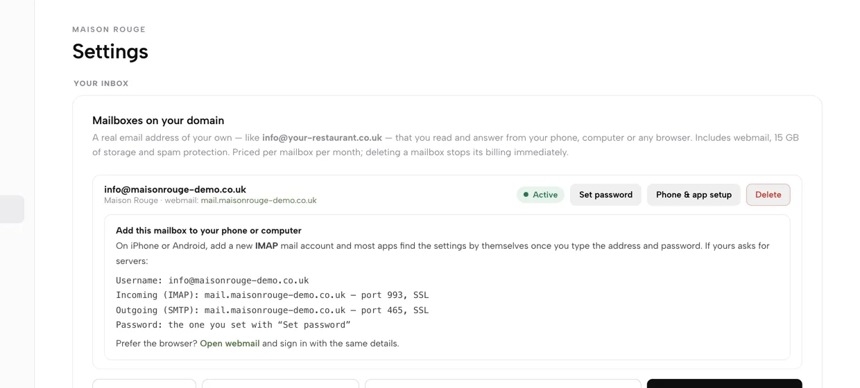 The Phone and app setup panel under a mailbox: username, incoming IMAP and outgoing SMTP servers with ports and SSL, the password note and an Open webmail link.