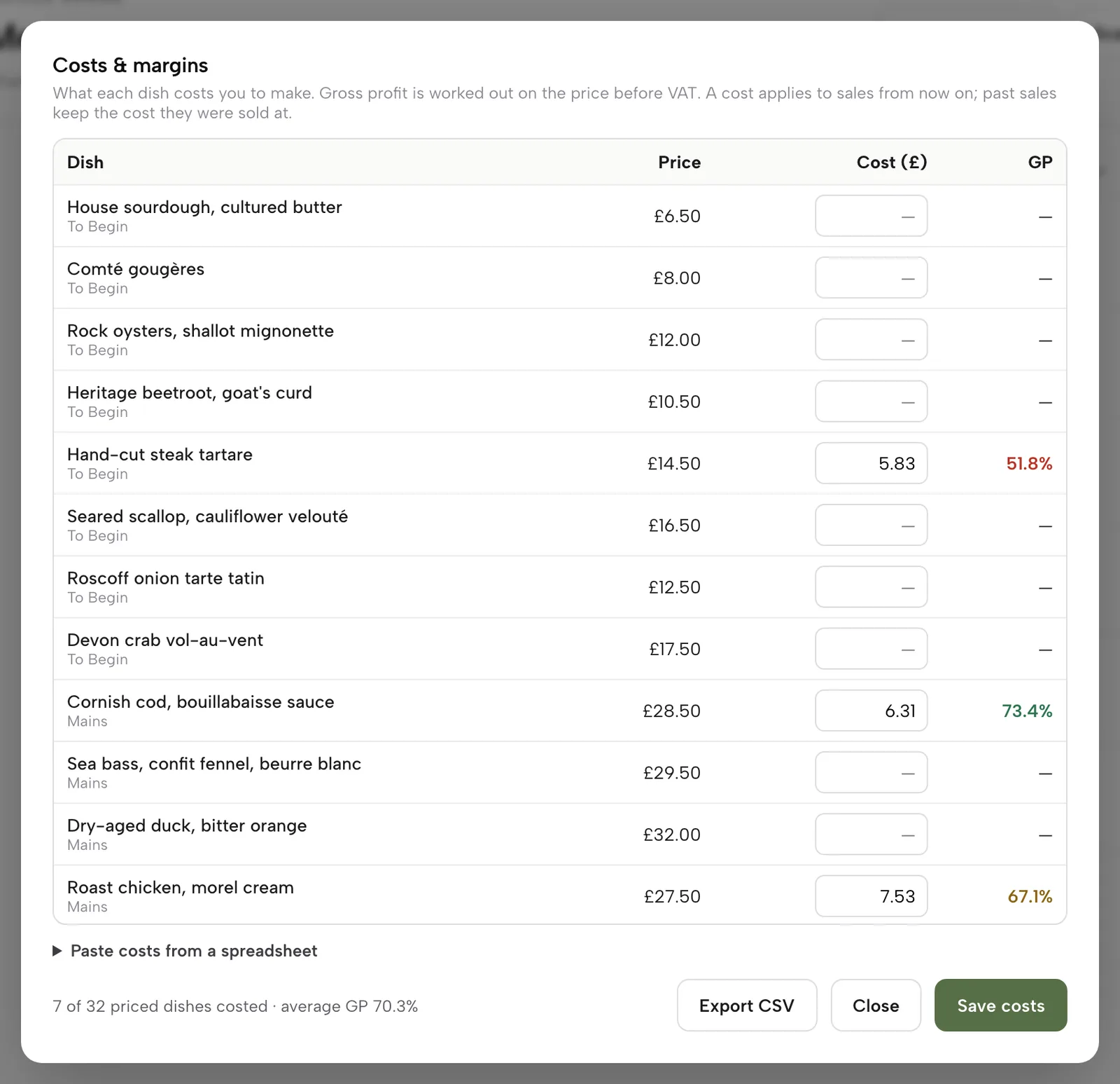 Costs & margins: every dish with its price, cost to make and GP, the tartare at 51.8% in red, the cod at 73.4% in green and the roast chicken at 67.1% in amber.