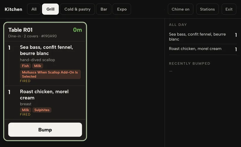 The kitchen display on the Grill tab: one ticket for Table R01 with two fired mains, their allergens, a green timer, a Bump button and an All day count on the right.