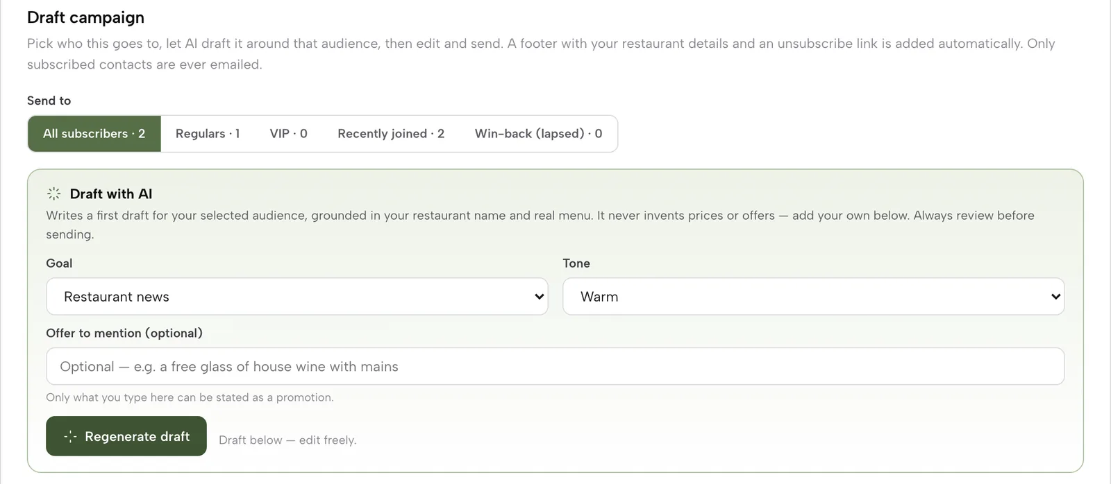 Compose a campaign: audience pills, Draft with AI goal, tone and offer fields