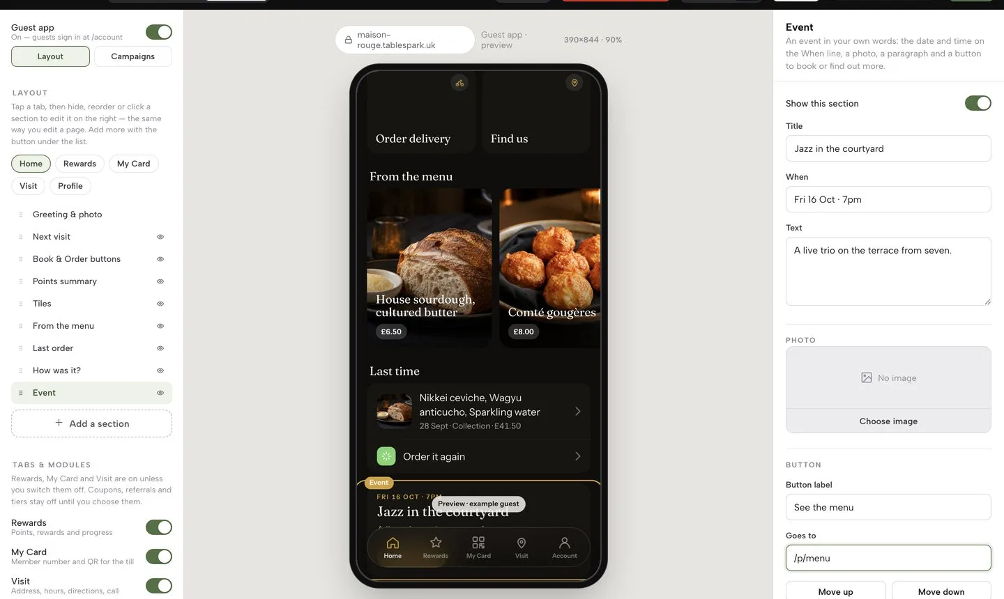 The guests' app builder: tab outline, phone preview and an Event section's title, when, text, photo and button fields