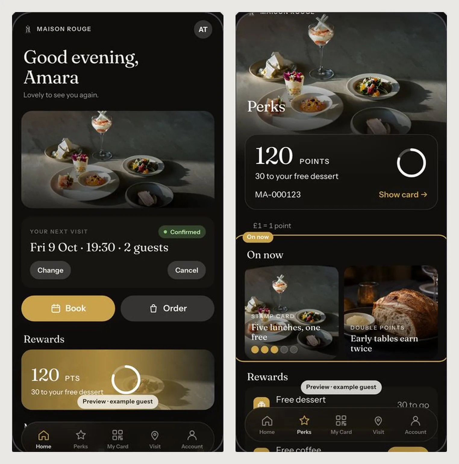 Two phone screens of a restaurant's guests' app: Home with the next visit and Perks with points and On now campaigns