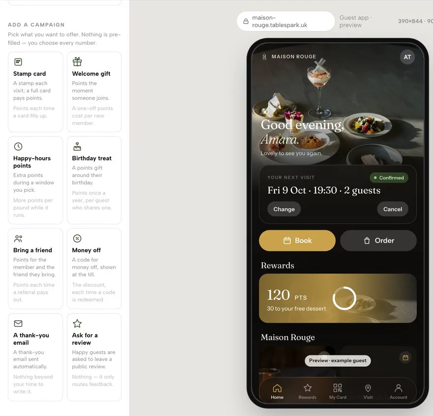 The Campaigns panel showing eight recipe cards: Stamp card, Welcome gift, Happy-hours points, Birthday treat, Bring a friend, Money off, A thank-you email, Ask for a review