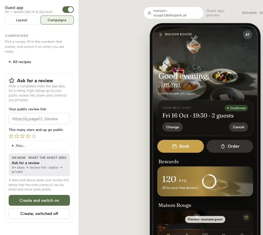 Ask for a review recipe: public review link field, star threshold and a plain-English preview of what guests see
