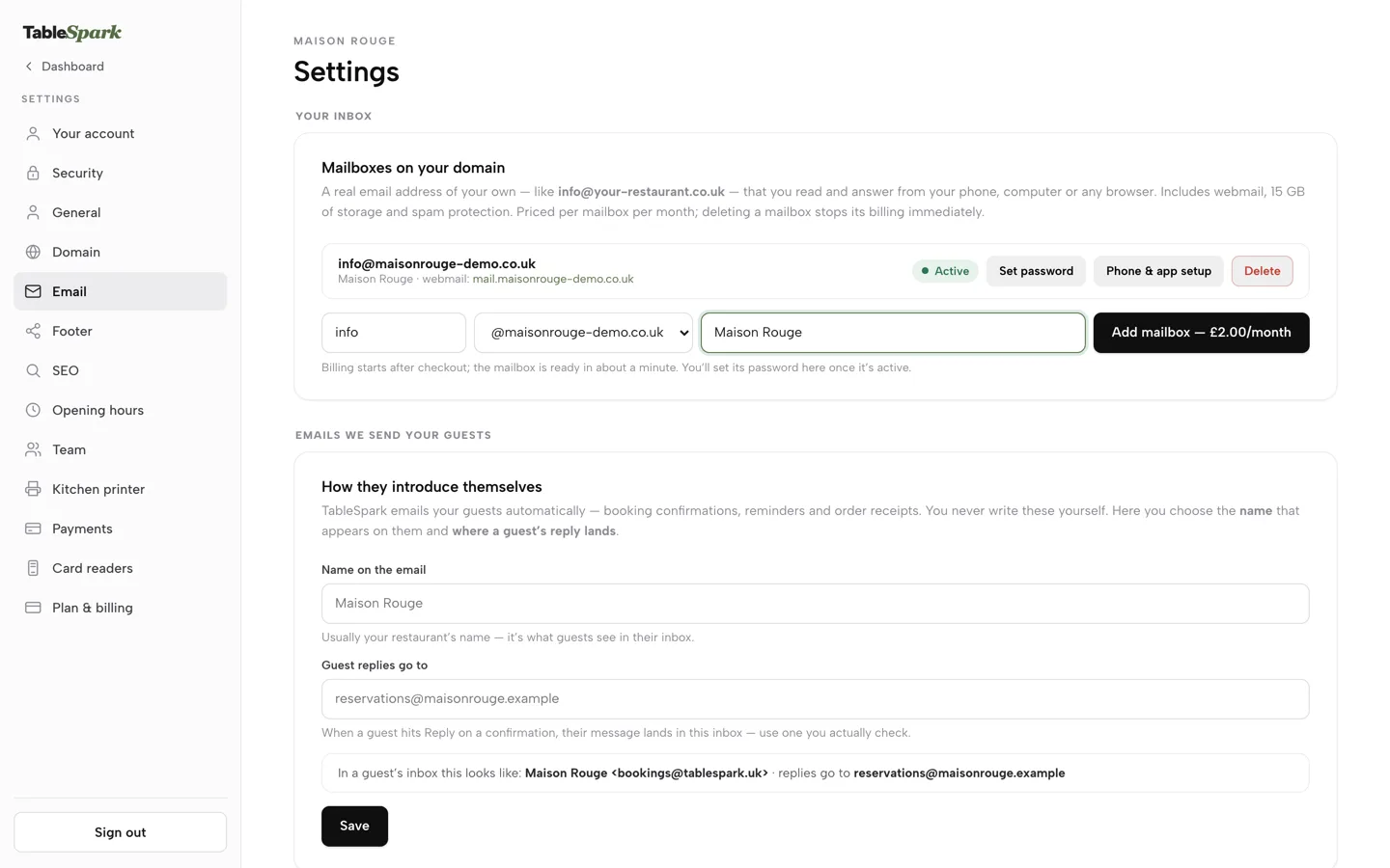 Settings, Email: a Mailboxes on your domain card with an active mailbox, an Add mailbox button priced at £2.00 a month, and the guest email name and reply settings below.