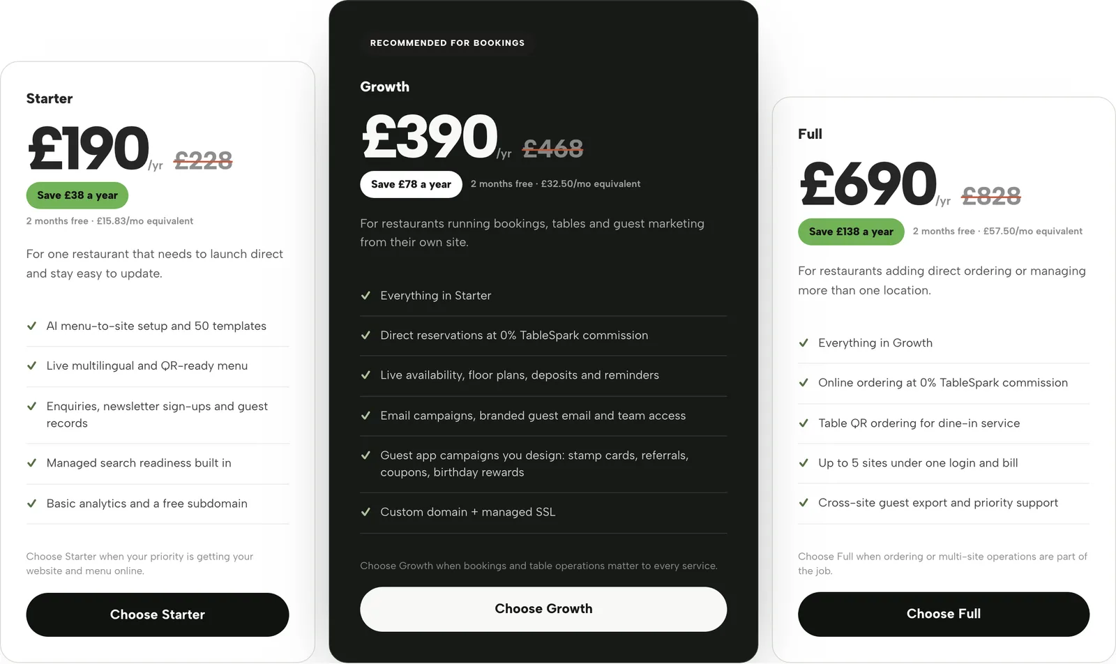 Pricing page with Yearly selected: yearly prices excluding VAT on each plan, with twelve months at the monthly price struck through and the saving shown.